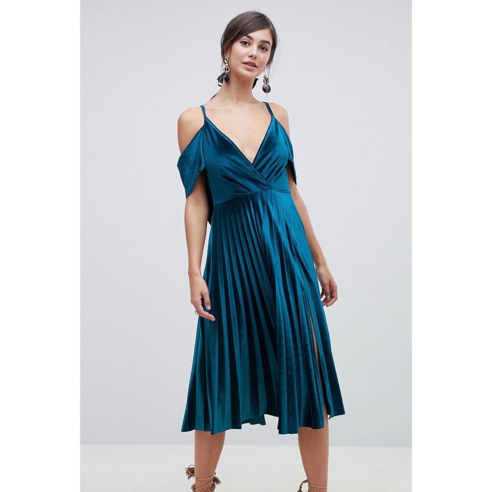 ASOS DESIGN Tall pleated velvet cami midi dress with cowl back detail